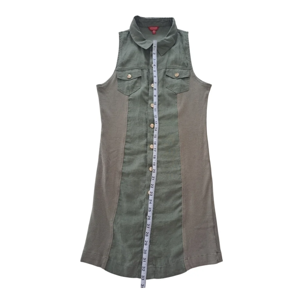 GUESS linen khaki sleeveless mini dress snap closure tunic - Picture 10 of 13